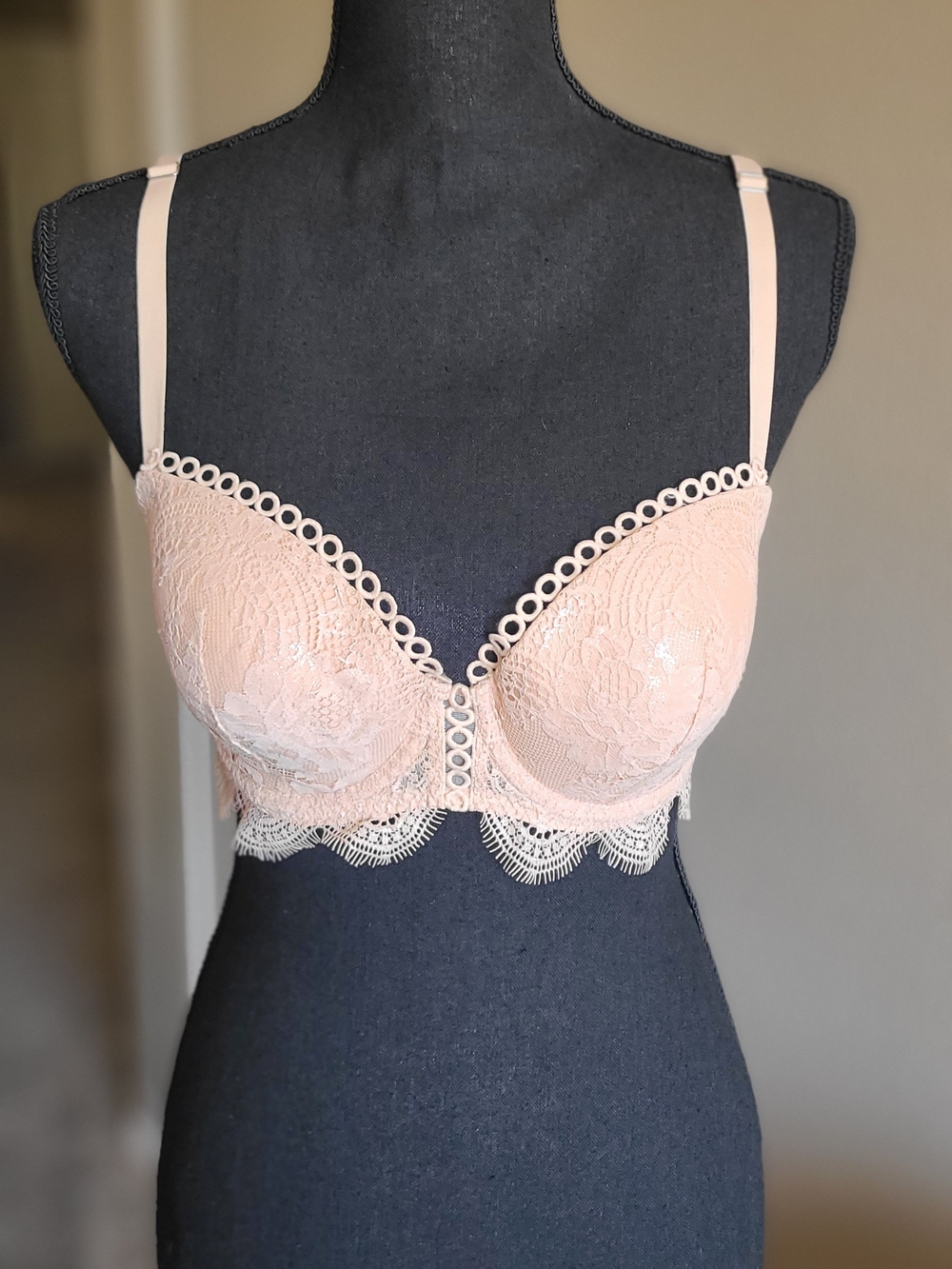 Victoria's Secret Cream with Silver Hues Lace Longline Bra with Loop Trim
